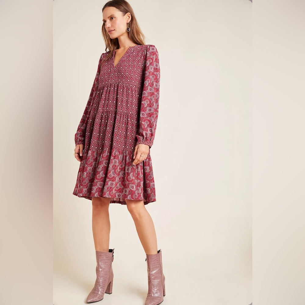 Maeve Anthropologie Amber Tiered Tunic Long Sleeve Floral print dress V neck S